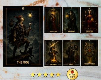 Shadow Tarot Deck - Complete 78 Dark Gold Cards | Unique Witchy Oracle Deck | Nocturne Gothic Indie Tarot | Limited Edition PNG PDF + Poster