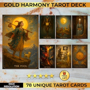 Gold Harmonie Tarot Deck - 78 Mystische Karten | Druckbare Tarot-Set | Gold Orakel Deck für Lesungen | Unikat Digital Download PNG PDF & Poster