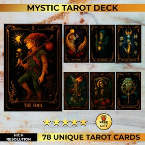 Complete Tarot Deck 78 Colorful Cards | Printable Tarot Set | Unique Gold & Black Mystic Design | Oracle Deck | PNG PDF + Poster