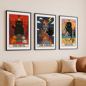 Tarot Card Wall Art Set, Cat Tarot Poster, Cute Tarot Card Print, Mystical Tarot Art, Celestial Wall Print, Astrology Poster, Animal Oracle
