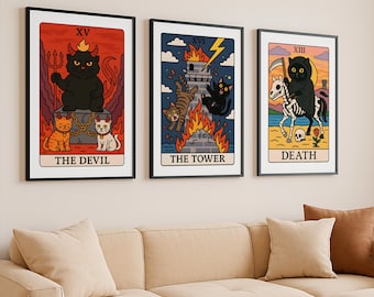 Tarot Card Wall Art Set, Cat Tarot Poster, Cute Tarot Card Print, Mystical Tarot Art, Celestial Wall Print, Astrology Poster, Animal Oracle