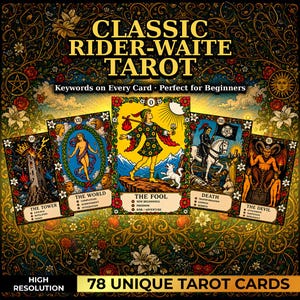 May include: A deck of Classic Rider-Waite Tarot cards with floral and botanical background. The cards feature colorful illustrations with keywords. The text on the cards includes "The Fool", "The World", "The Tower", "Death", and "The Devil". The text also says "78 Unique Tarot Cards".