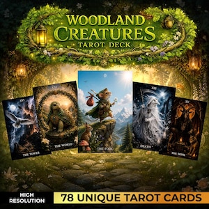 May include: A tarot deck titled "Woodland Creatures" with 78 unique cards. The image shows several cards with illustrations of a mouse, a turtle, and other creatures. The deck has a high-resolution design.