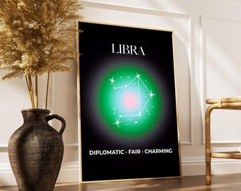Arte murale con segno zodiacale della Bilancia, poster di astrologia, sfumatura dell'aura del segno zodiacale, decorazione spirituale, arte mistica, oroscopo, stampabile
