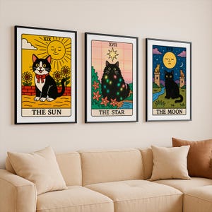 Tarot Card Wall Art Set, Cat Tarot Poster, Cute Tarot Card Print, Mystical Tarot Art, Celestial Wall Print, Astrology Poster, Animal Oracle