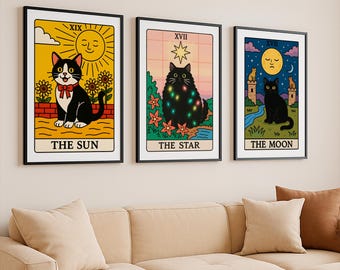 Tarot Card Wall Art Set, Cat Tarot Poster, Cute Tarot Card Print, Mystical Tarot Art, Celestial Wall Print, Astrology Poster, Animal Oracle