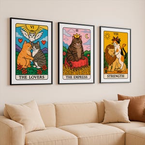 Tarot Card Wall Art Set, Cat Tarot Poster, Cute Tarot Card Print, Mystical Tarot Art, Celestial Wall Print, Astrology Poster, Animal Oracle