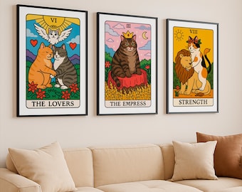 Tarot Card Wall Art Set, Cat Tarot Poster, Cute Tarot Card Print, Mystical Tarot Art, Celestial Wall Print, Astrology Poster, Animal Oracle
