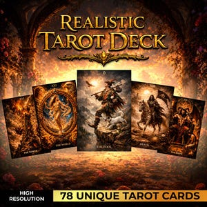 Könnte beinhalten: Ein realistisches Tarot-Deck mit 78 einzigartigen Karten. Das Bild zeigt mehrere Karten mit detaillierten Illustrationen, darunter "Der Narr", "Die Welt" und "Der Tod". Der Titel des Decks ist in goldfarbenen Buchstaben dargestellt, mit "Hohe Auflösung" und "78 einzigartige Tarotkarten" unten.