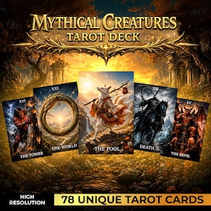 May include: A tarot deck titled "Mythical Creatures" with 78 unique cards. The cards feature detailed illustrations of mythical beings, including a fox, a grim reaper, and a devil. The deck has a high-resolution design with gold accents.