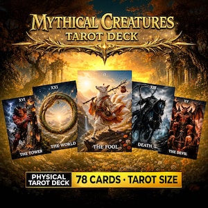 Puede incluir: Una baraja de tarot Mythical Creatures de 78 cartas. La imagen muestra cinco cartas: The Tower, The World, The Fool, Death y The Devil, cada una con ilustraciones de fantasía. El texto dice Mythical Creatures Tarot Deck.