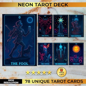 Baralho de Tarô Neon - Completo com 78 Cartas Coloridas Brilhantes | Conjunto de Tarô para Imprimir | Baralho de Oráculo com Arte Neon | Download Digital PNG PDF + Pôster