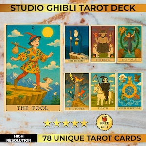 Mazzo completo di tarocchi dello Studio Ghibli di 78 carte ispirato all'arte dello Studio Ghibli e Miyazaki / stile anime / tarocchi dei cartoni animati / oracolo PNG PDF + poster