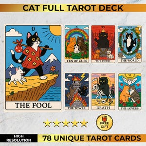 Deck de tarot de chat - 78 cartes amusantes et mignonnes | Jeu de tarot imprimable | Animal unique Oracle Deck en téléchargement numérique PNG PDF et affiche