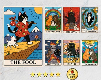 Baraja de Tarot de Gatos - 78 cartas divertidas, tiernas y divertidas / Juego de Tarot Imprimible / Baraja de Oráculo de Animales Única Descarga Digital PNG PDF y Póster