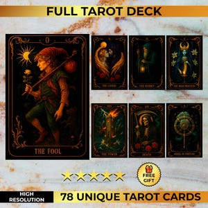 Complete Tarot Deck 78 Colorful Cards | Printable Tarot Set | Unique Gold & Black Mystic Design | Oracle Deck | PNG PDF + Poster