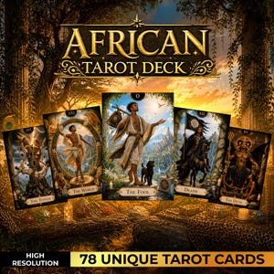 Puede incluir: Un "Mazo de Tarot Africano" con cinco cartas de tarot que muestran ilustraciones de "La Torre", "El Mundo", "El Loco", "La Muerte" y "El Diablo". La baraja incluye 78 cartas únicas y es de alta resolución.