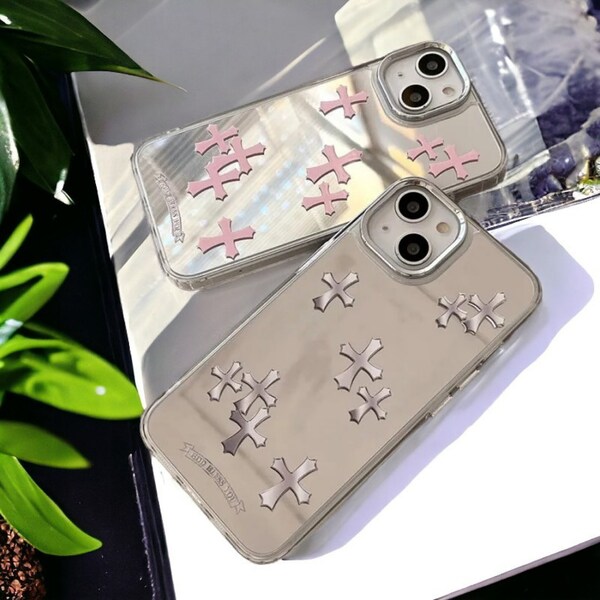 Cross Y2K Chrome Hearts Mirror Makeup iPhone Case, Pink & Grey iPhone Case Chrome Hearts Inspired Tarot Ghotic Grunge iPhone Case Protect