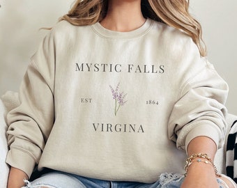 Mystic Falls Sweatshirt, Fall Sweatshirt, Vamp Diaries, Virginia Crewneck, Mystic Falls, Salvatore Brothers, 2000s TV Merch, TV Fan Gift