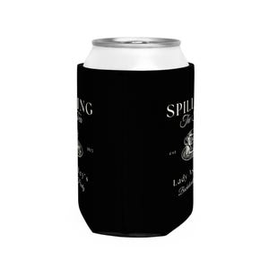 May include: Black can cooler with white text that reads "Spilling The Tea est. Lady As A Bottle Service" with a small illustration of a teacup and saucer.