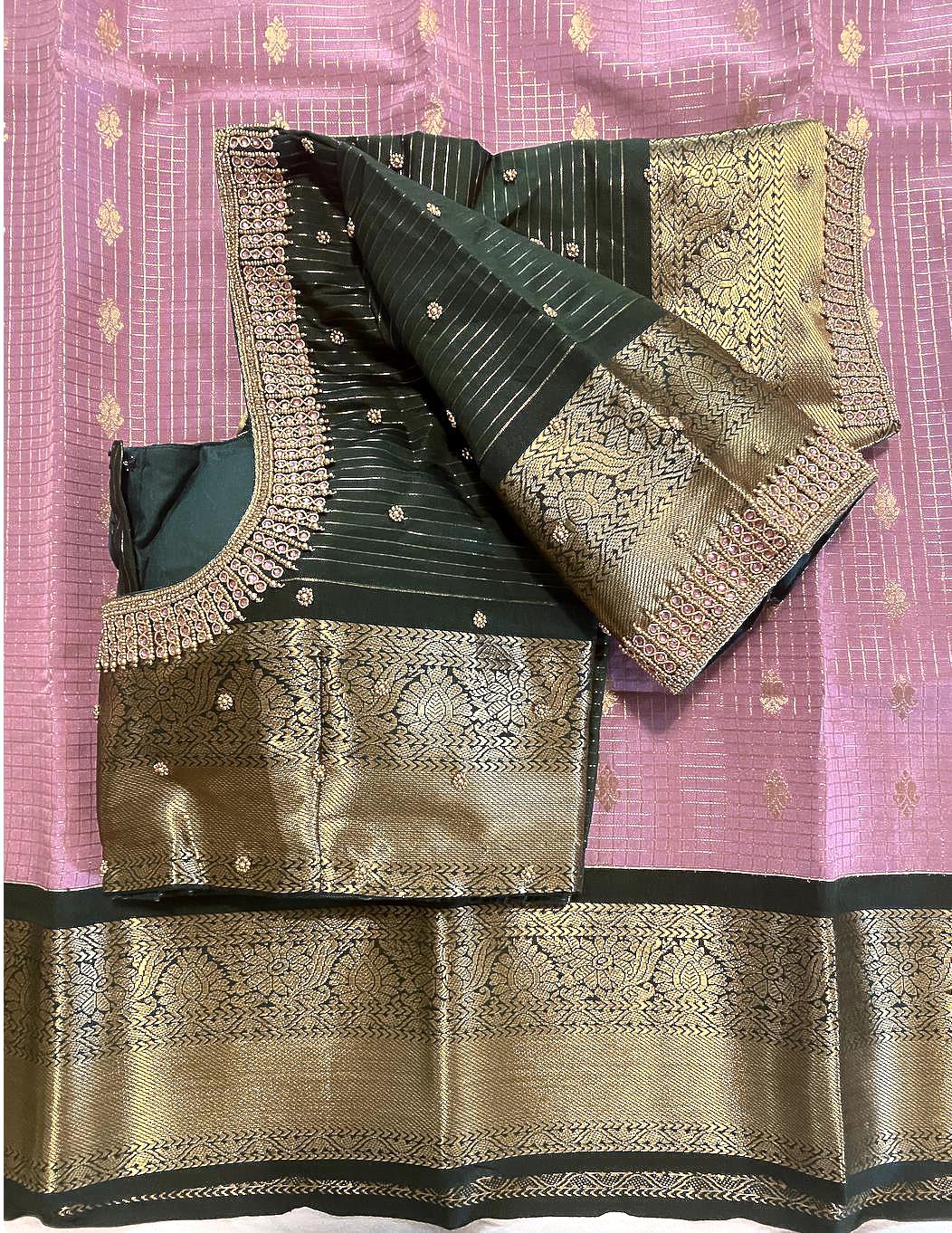 Mix Silk Saree with Stitched Maggam Aari work blouse|Kanjivaram Pattu style saree|Saree with readymade blouse|Fall,PicoOverlock done