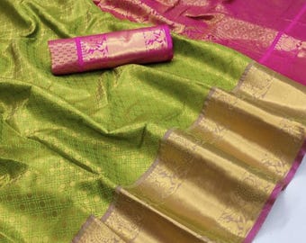 Kanchi Pattu style Art silk Saree|Budget friendly saree| Art silk saree| Big border saree| Green and Pink saree|Saree with Unstiched blouse