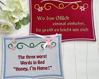 Stickdatei Ringel mit Blumen | 4x ITH Schild mit Ranke in zwei Größen | 2x mit Text (deutsch) 2x blanko ab Rahmengröße 13x18cm