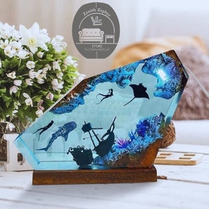 Seabed Adventure Resin Table Lamp  - Underwater Organism Design - Diving Expedition Theme - Unique Night Light - USB Rechargeable