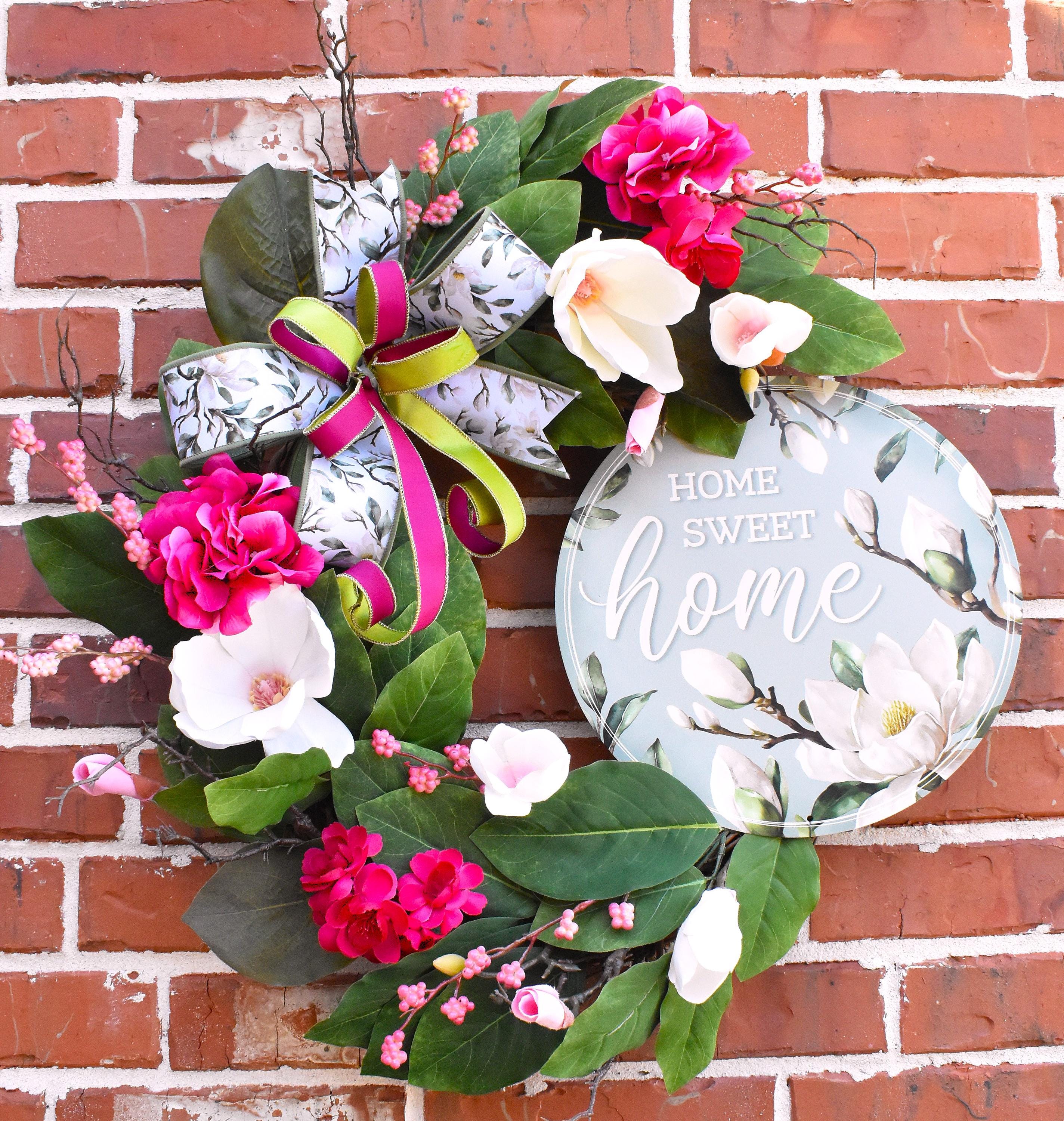 Magnolia Grapevine Wreath – Pink Floral, White Blooms, Home Sign ...