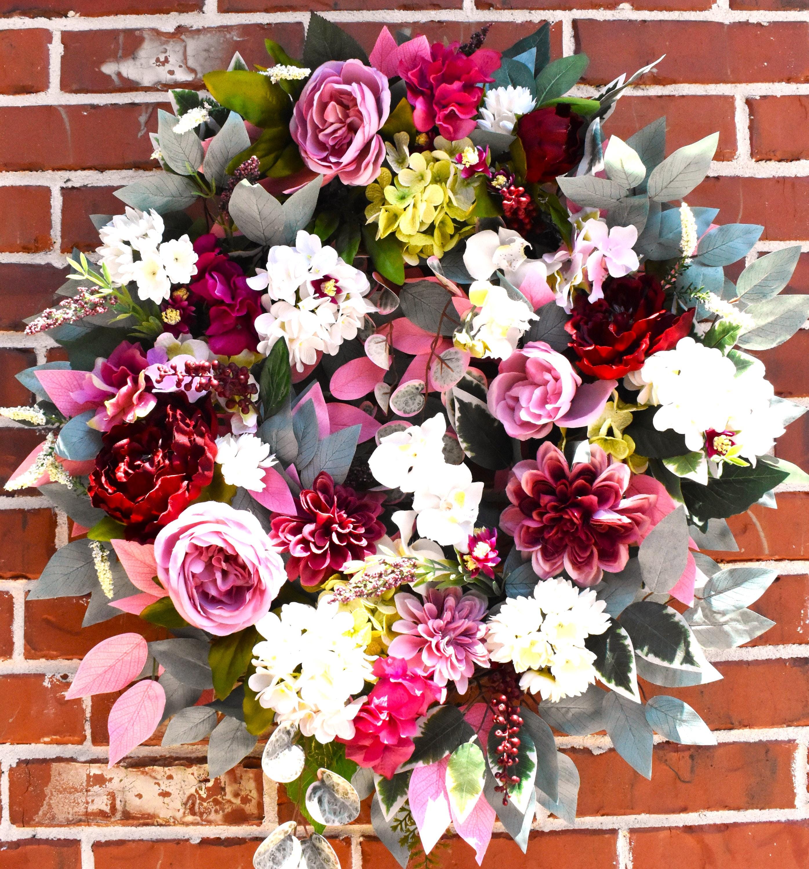 Elegant Grapevine Wreath with Hydrangeas, Peonies, Roses & Berries – Year-Round Floral Door Decor romantic charming realistic silk flowers