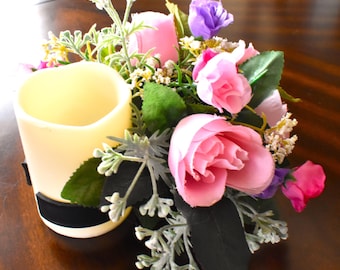 Floral Bottle Bouquet: Faux Flower Candle Centerpiece
