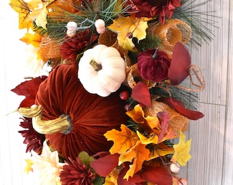 Fall Swag: Velvet Pumpkins, Dahlias & Sunflowers - Thanksgiving Door Decor