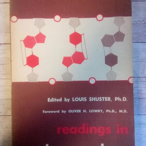 May include: A vintage book cover with a maroon background and white and red geometric shapes. The title "readings in pharmacology" is in red and white text. The book is edited by Louis Shuster, Ph.D., and has a foreword by Oliver H. Lowry, Ph.D., M.D.