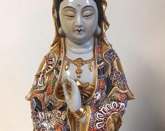 Vintage Japanese Porcelain (Kutani-Ware) Sho-Kannon Bosatsu Buddhist Statue
