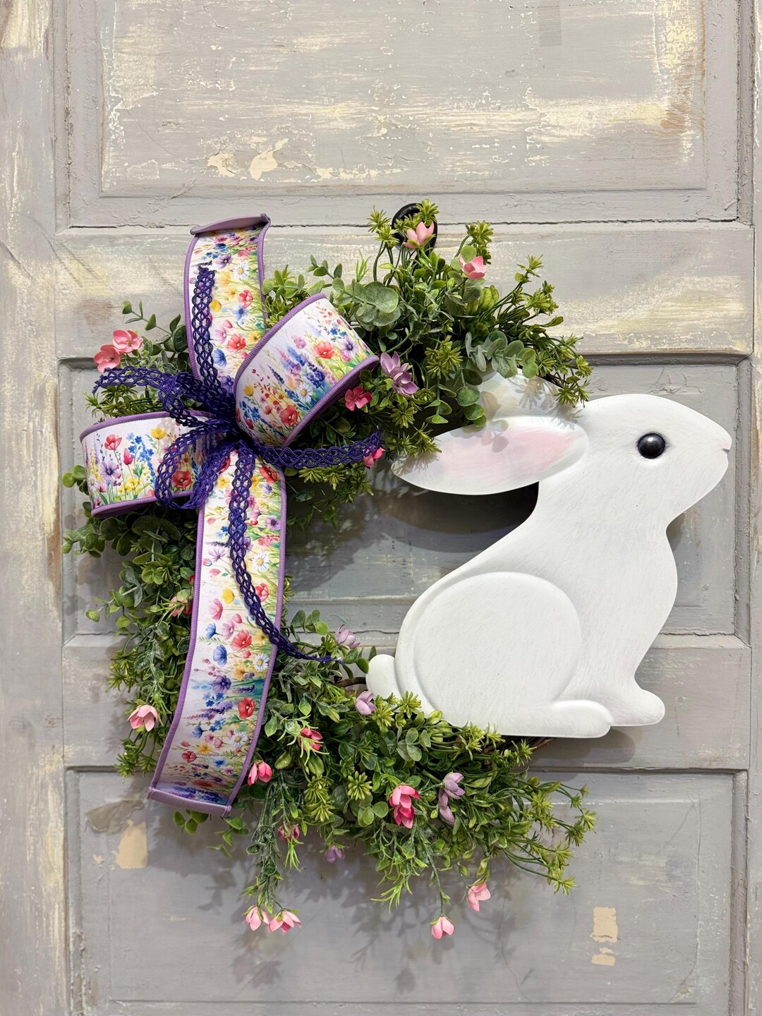Easter Bunny Wreath | Spring Rabbit Door Decor | Floral Easter Wreath ...