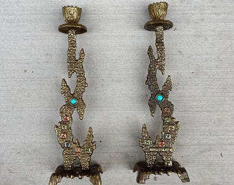 Menorá vintage de latão com galinha Holon, Israel, década de 60, Judaica, Luz de Shabat, Colecionável