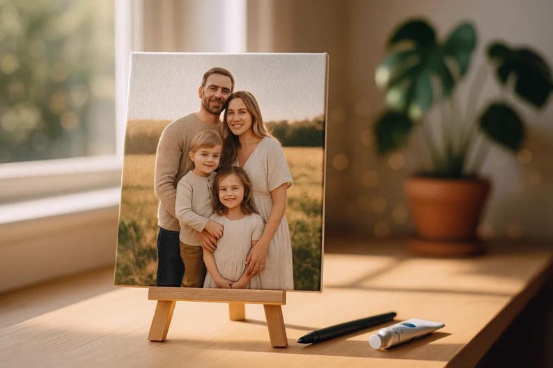 Op de afbeelding: Een familieportret op een kleine ezel. Het canvas toont een lachende familie van vier. De ezel is gemaakt van lichtgekleurd hout en de sc&egrave;ne speelt zich af op een houten oppervlak met een pen en een tube verf.