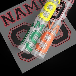 May include: A close-up of heat transfer vinyl rolls in yellow, black, green, and orange, with the number 99 and the word NAME visible. The vinyl is on a gray sheet with the number 99 and the word NAME in black and red.