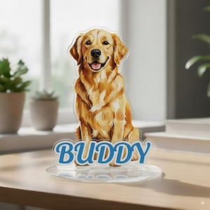 May include: A clear acrylic dog figurine of a Golden Retriever with the name "BUDDY" in blue script. The dog is painted in shades of brown and gold, with a happy expression. The figurine sits on a clear, oval base.