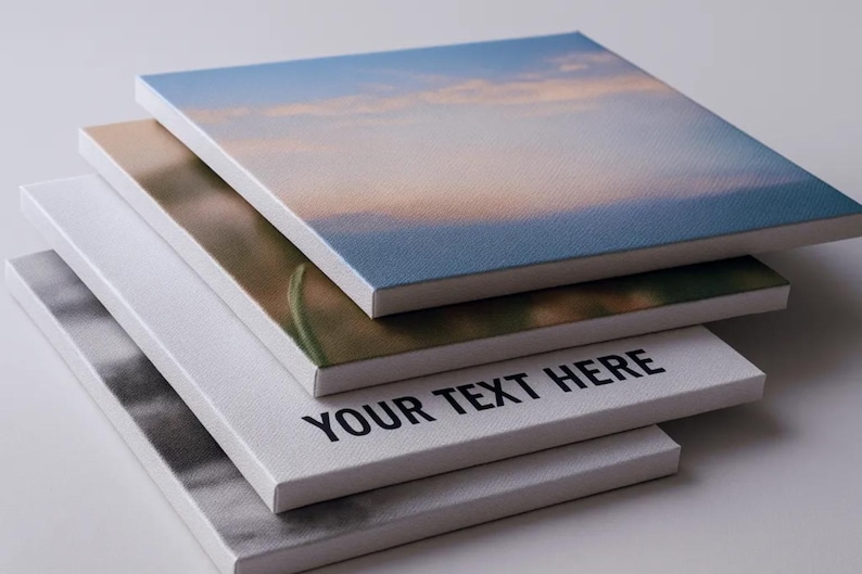 Op de afbeelding: Een stapel vierkante canvas prints met verschillende afbeeldingen. De bovenste print toont een blauwe lucht met wolken. De tweede print toont een landschap. De derde print heeft de tekst "YOUR TEXT HERE". De onderste print is een zwart-wit afbeelding.