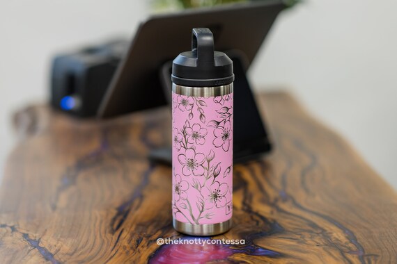 Custom Engraved YETI Water Bottle, Cherry Blossom Design, 18oz