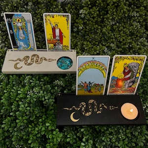 Tarotkaart waxinelichthouder, dubbele kaarthouder slang en maan, altaaritems, altaardecor, spirituele geschenken, heksencadeaus, tarot