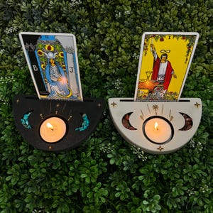 Suporte para luz de chá de cartas de tarô, suporte para cartas de meia lua, cartas de tarô de fases da lua, itens de altar, decoração de altar, presentes espirituais, presentes de bruxa, tarô