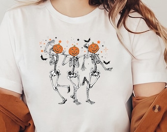 Dansande skelett Halloween-tröja, pumpahuvud spöke grafisk t-shirt, läskig säsong-t-shirt, rolig skelettdanstopp, söt höstoutfit för kvinnor