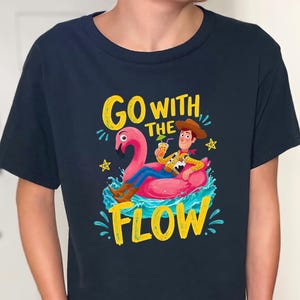 Woody Go With The Flow Shirt, Toy Story Summer Vacation Tee, Disney Woody Flamingo Float Shirt, Pixar Beach Pool Party Kids Tee