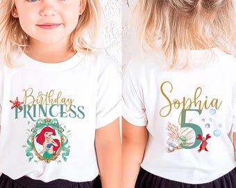 Camiseta de cumpleaños de La Sirenita de Disney, Camiseta de cumpleaños personalizada de princesa, Camiseta de cumpleaños de Ariel de Disney para niña, Camiseta de fiesta de cumpleaños editable para niña