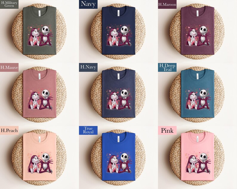 The image is a collage of nine t-shirts, each with a different color and design, arranged in a 3x3 grid. The t-shirts feature illustrations of characters from the movie " Nightmare Before Christmas".