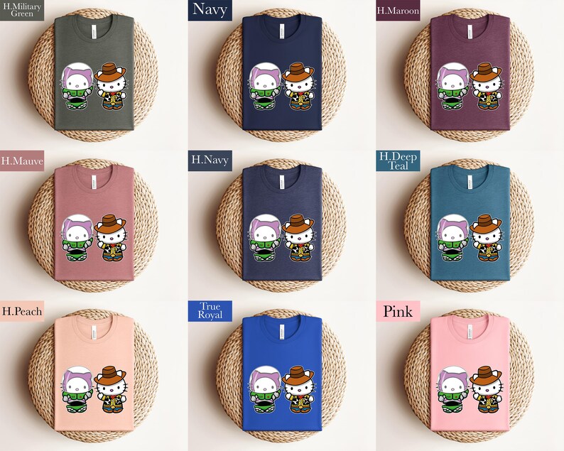 The image is a collage of nine t-shirts, each with a different color and design, arranged in a 3x3 grid. The t-shirts feature cartoon characters and are displayed on a woven mat.