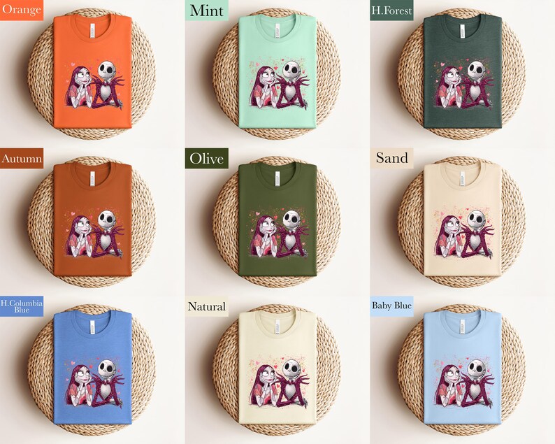The image is a collage of nine images, each featuring a t-shirt with a different color and design. The t-shirts are arranged in a 3x3 grid, with each row containing three t-shirts. The t-shirts are displayed on a woven mat, and the colors of the t-shirts are orange, mint, green, and forest green. The t-shirts also have a design of two cartoon characters, one of which is a skeleton.