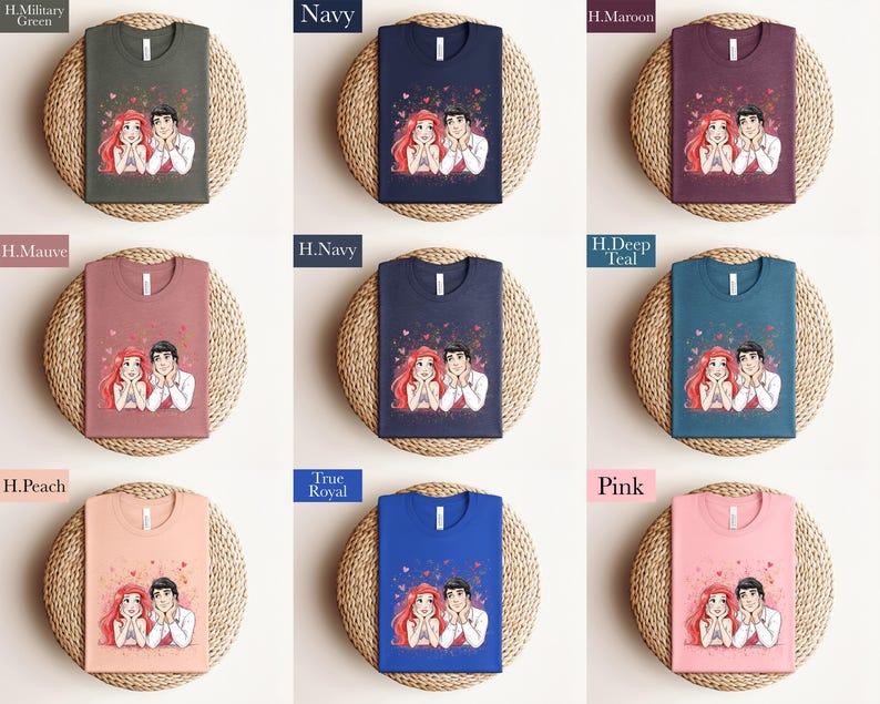 The image is a collage of nine t-shirts, each with a different color and design, arranged in a 3x3 grid. The t-shirts feature illustrations of two people, one male and one female, along with hearts. The t-shirts are displayed on a woven mat, and the text labels the different colors and designs of the t-shirts.